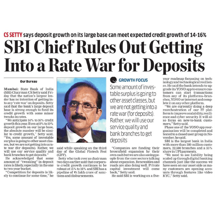 SBI Chief Rules Out Getting Into a Rate War for Deposits